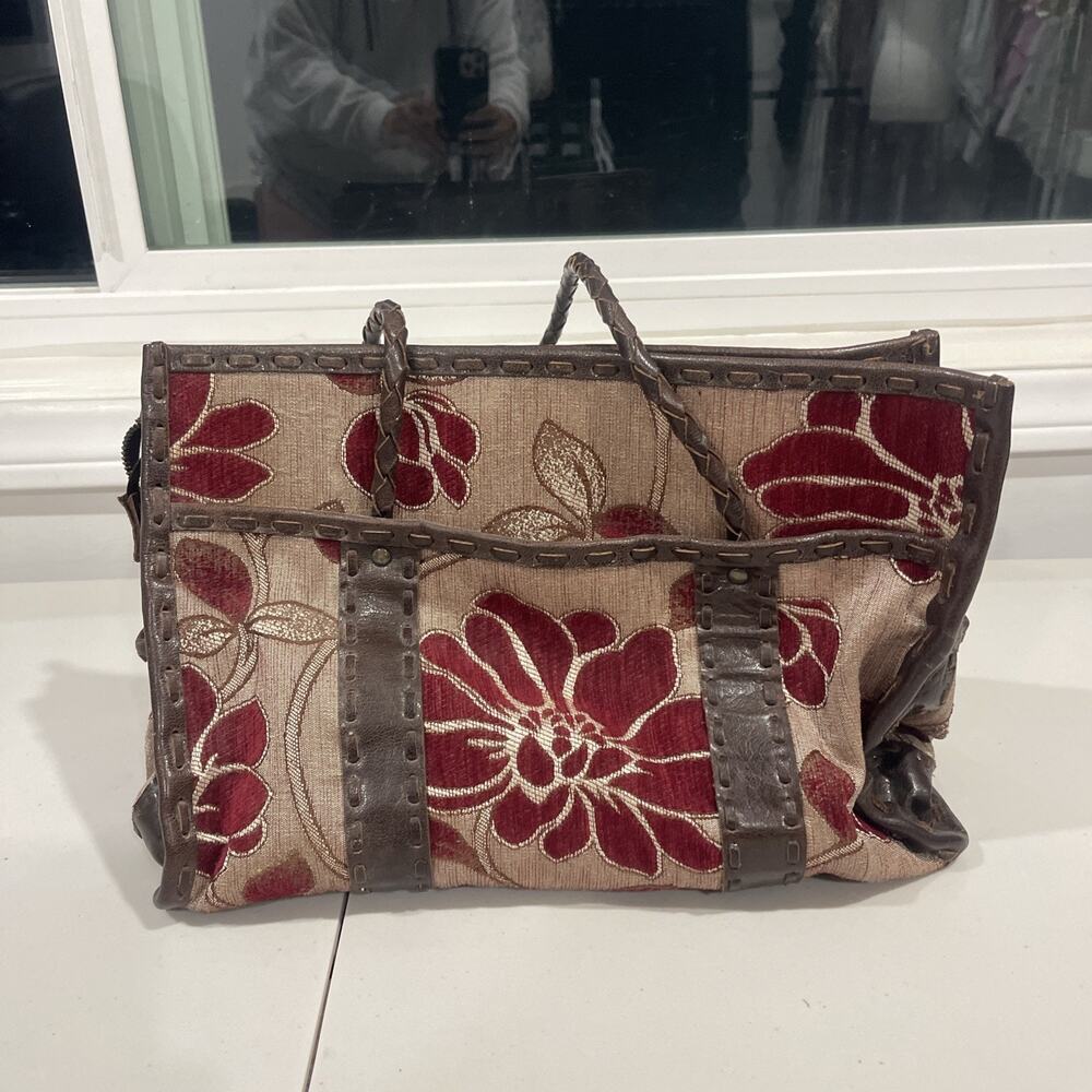 Leather Tapestry Shoulder Bag Medium Tote Purse Floral Brown Travel Boho Island